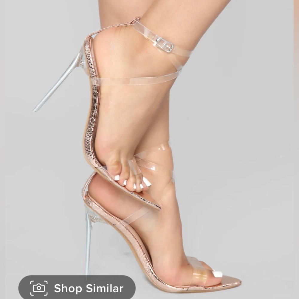 Fashion Nova clear strappy heels with rose gold snake print. Size 7